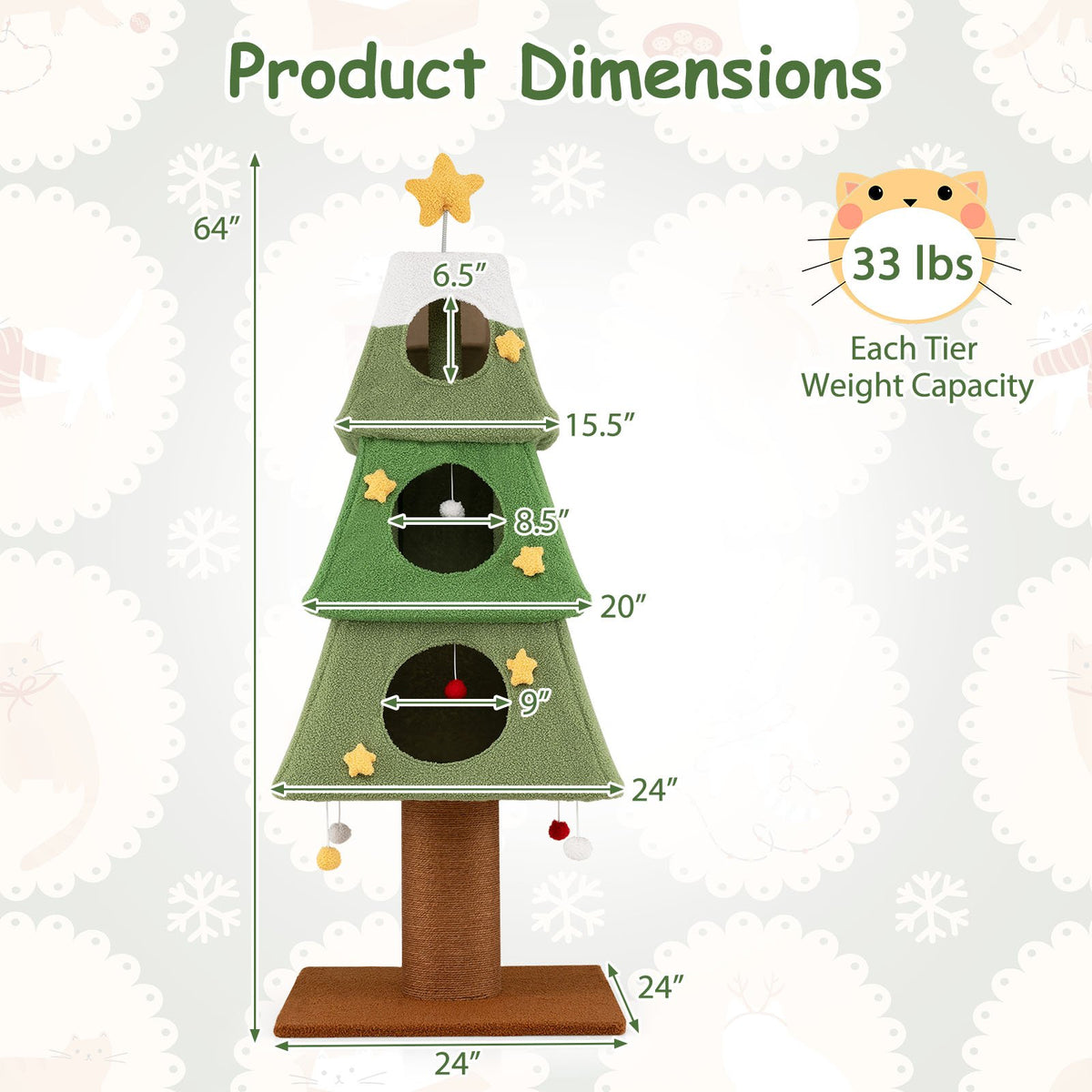 Large Christmas Cat Tree for Indoor Cats 64 inches Cute Cat Tower with 3 Condos-Green view 5