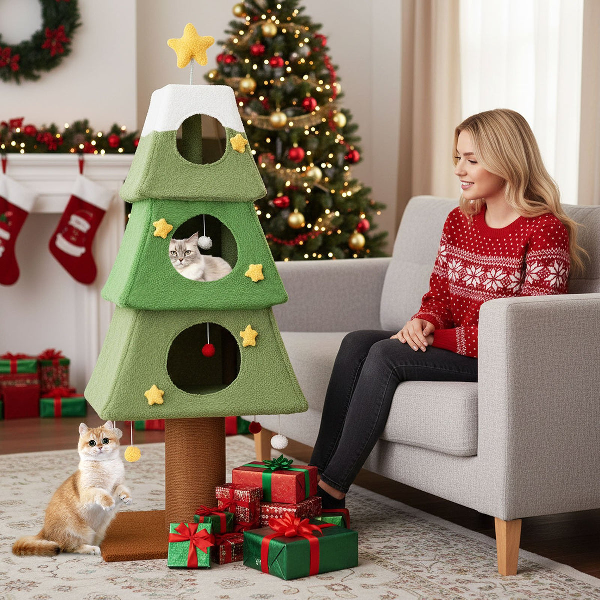 Large Christmas Cat Tree for Indoor Cats 64 inches Cute Cat Tower with 3 Condos-Green view 6