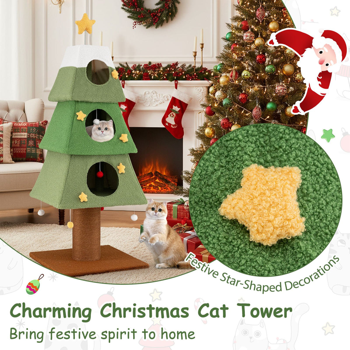 Large Christmas Cat Tree for Indoor Cats 64 inches Cute Cat Tower with 3 Condos-Green view 8