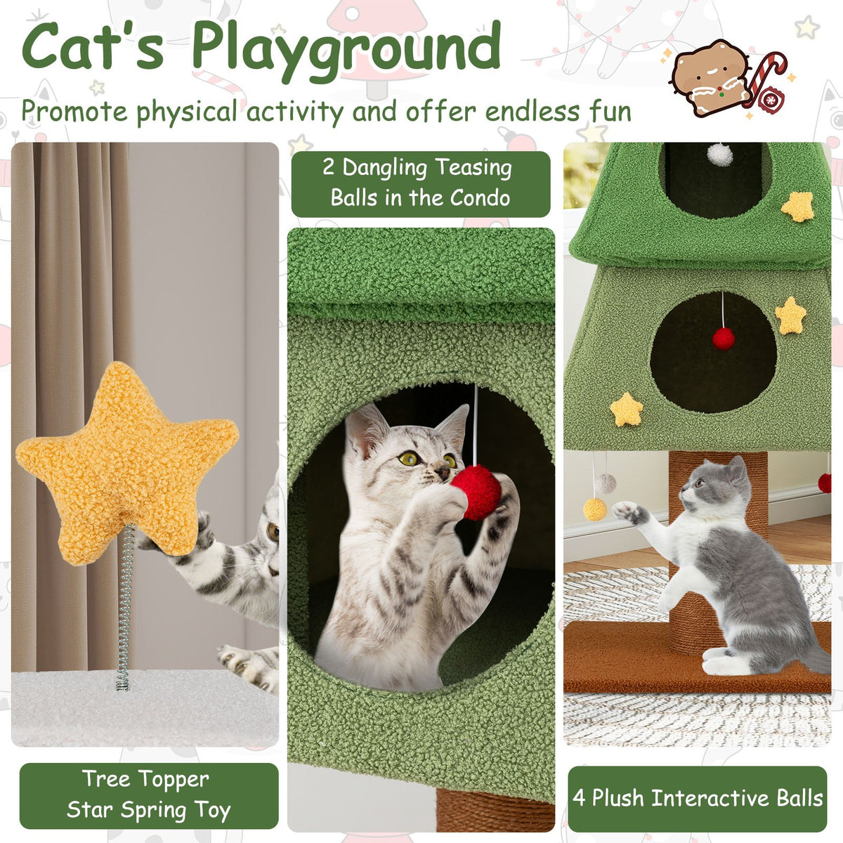 Large Christmas Cat Tree for Indoor Cats 64 inches Cute Cat Tower with 3 Condos-Green view 9