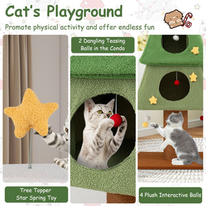 Large Christmas Cat Tree for Indoor Cats 64 inches Cute Cat Tower with 3 Condos-Green view 9