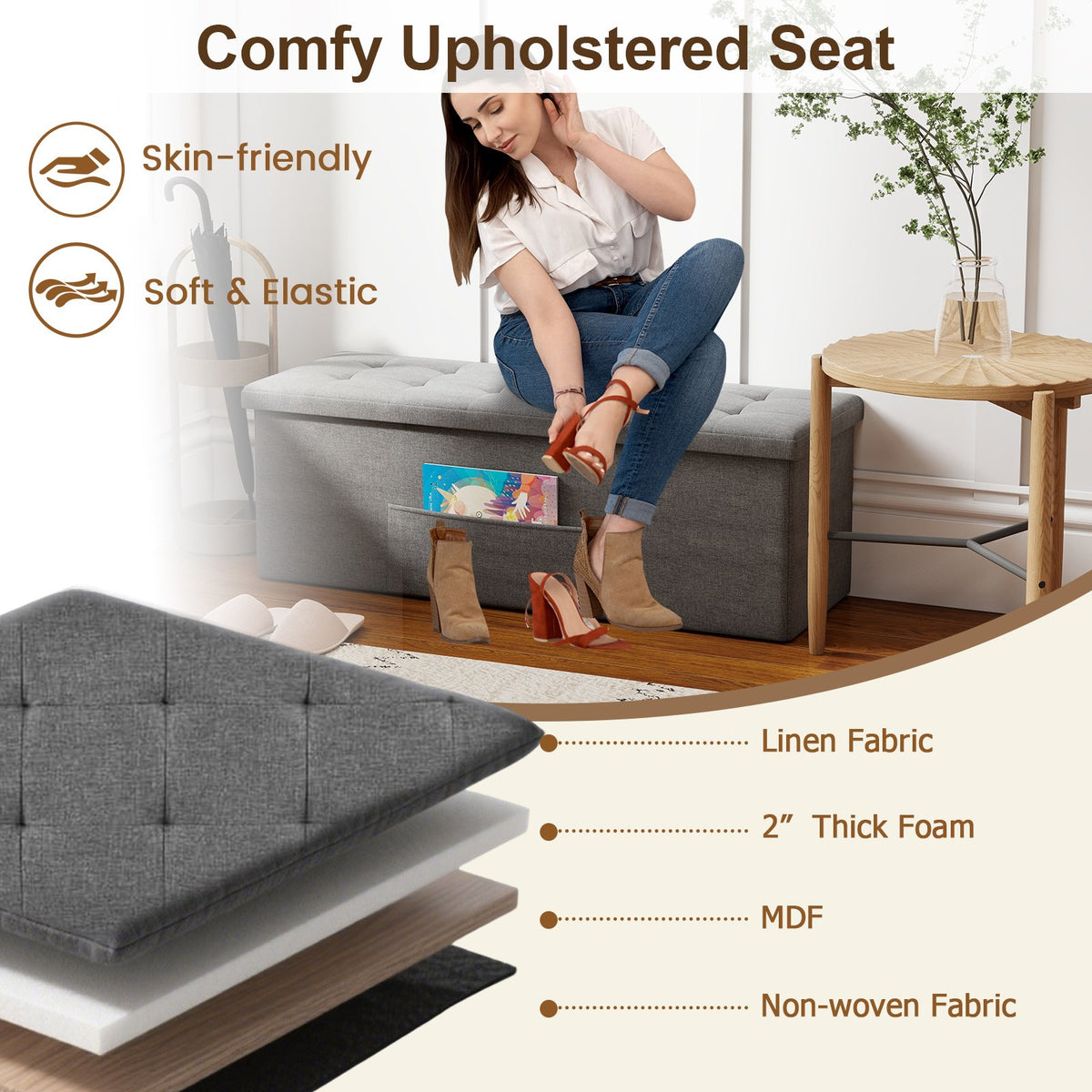 Fabric Folding Storage with Divider Bed End Bench-Dark Gray view 8