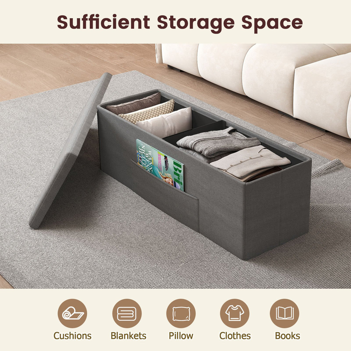 Fabric Folding Storage with Divider Bed End Bench-Dark Gray view 9
