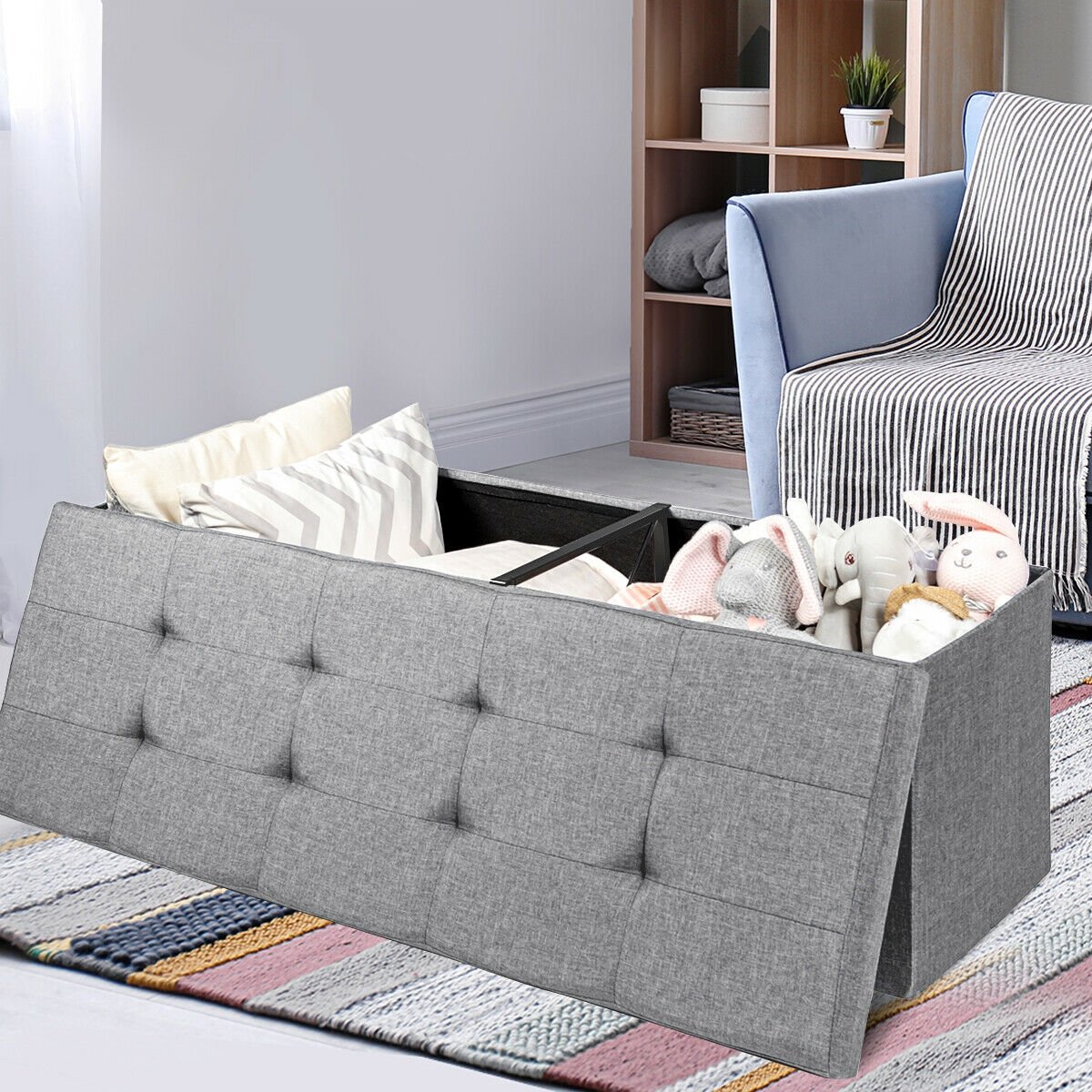 Fabric Folding Storage with Divider Bed End Bench-Light Gray view 6