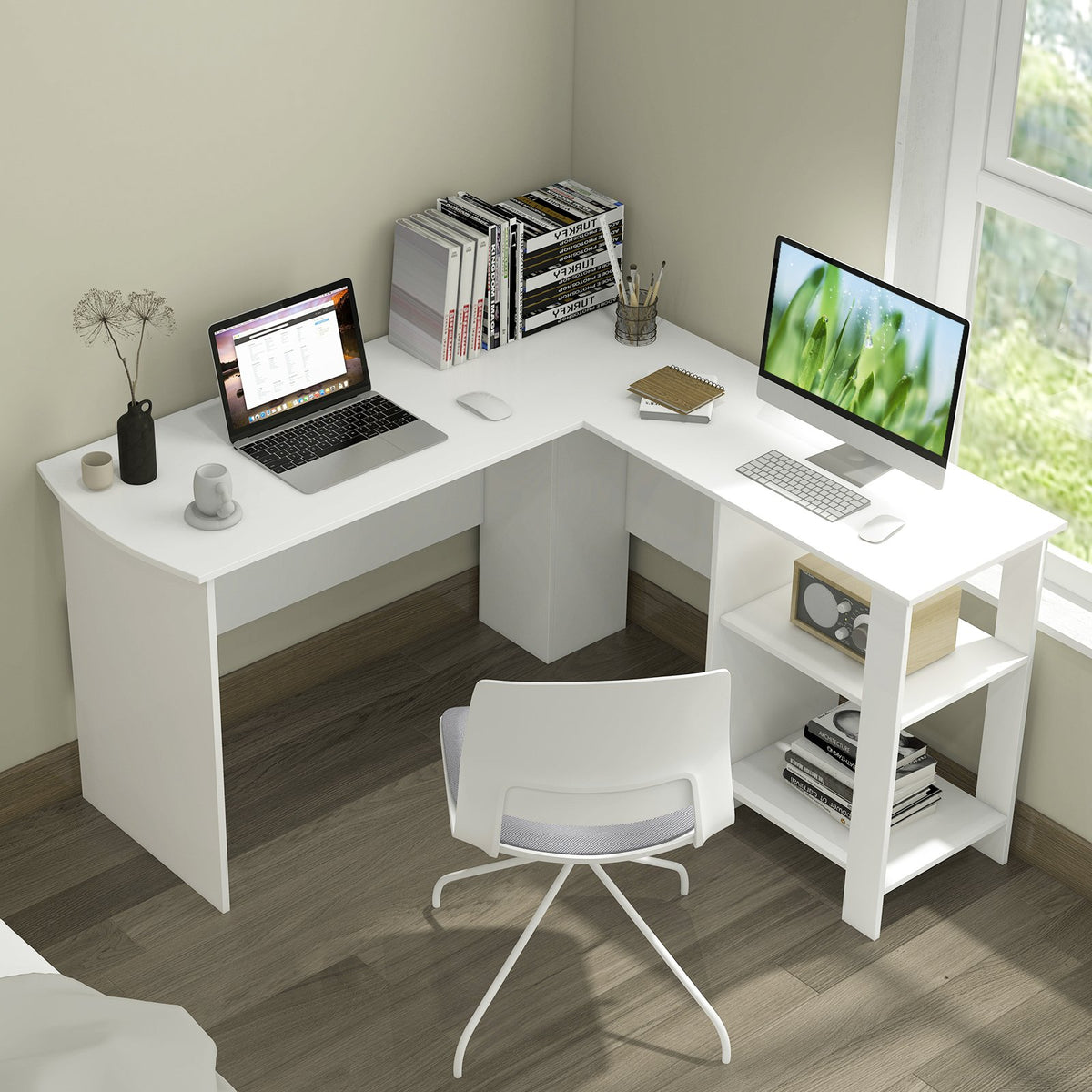 Large Modern L-shaped Computer Desk with 2 Cable Holes and 2 Storage Shelves-White view 2