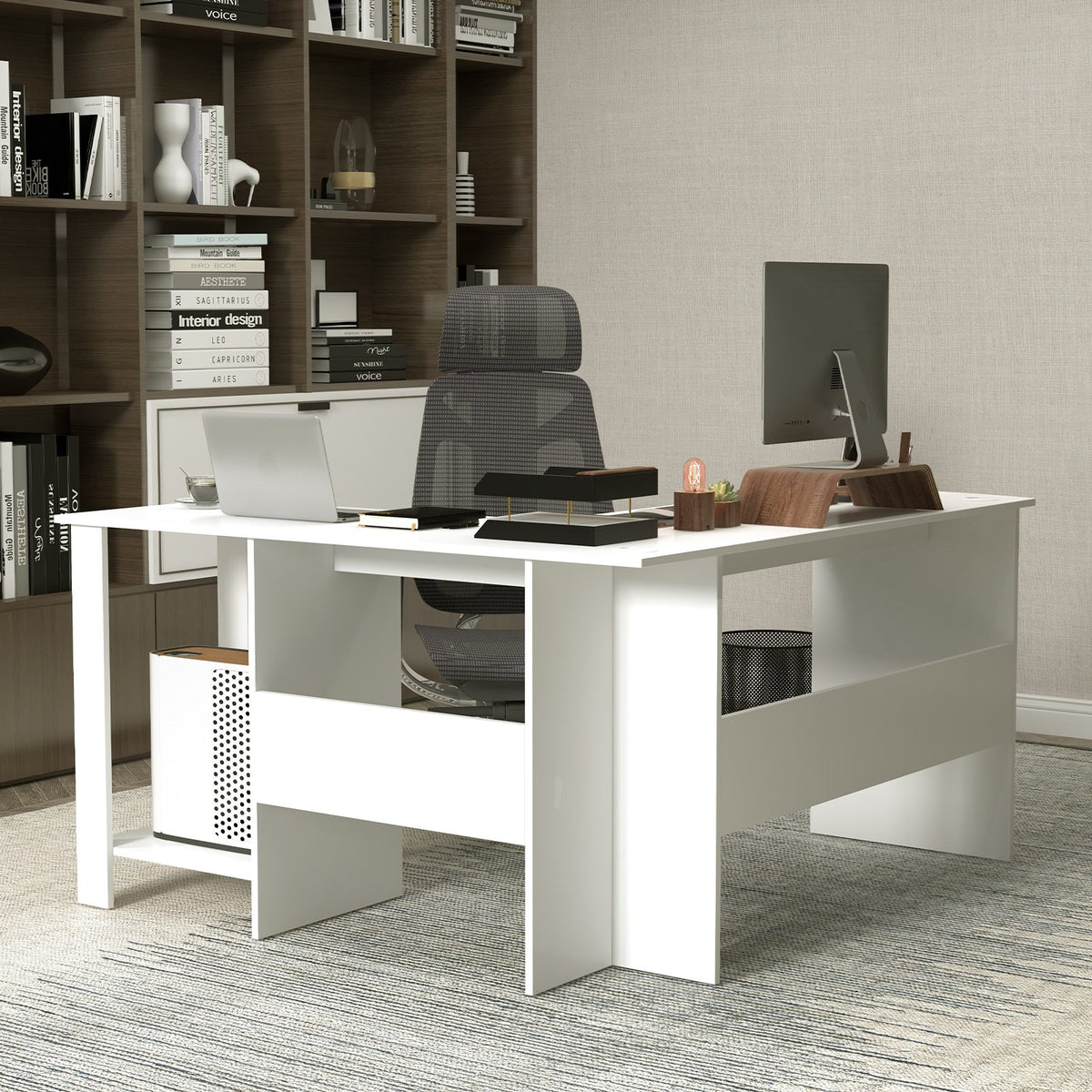 Large Modern L-shaped Computer Desk with 2 Cable Holes and 2 Storage Shelves-White view 3