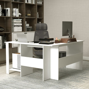 Large Modern L-shaped Computer Desk with 2 Cable Holes and 2 Storage Shelves-White view 3