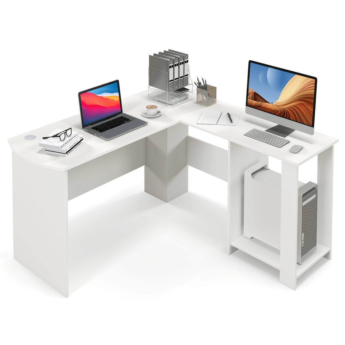 Large Modern L-shaped Computer Desk with 2 Cable Holes and 2 Storage Shelves-White view 4