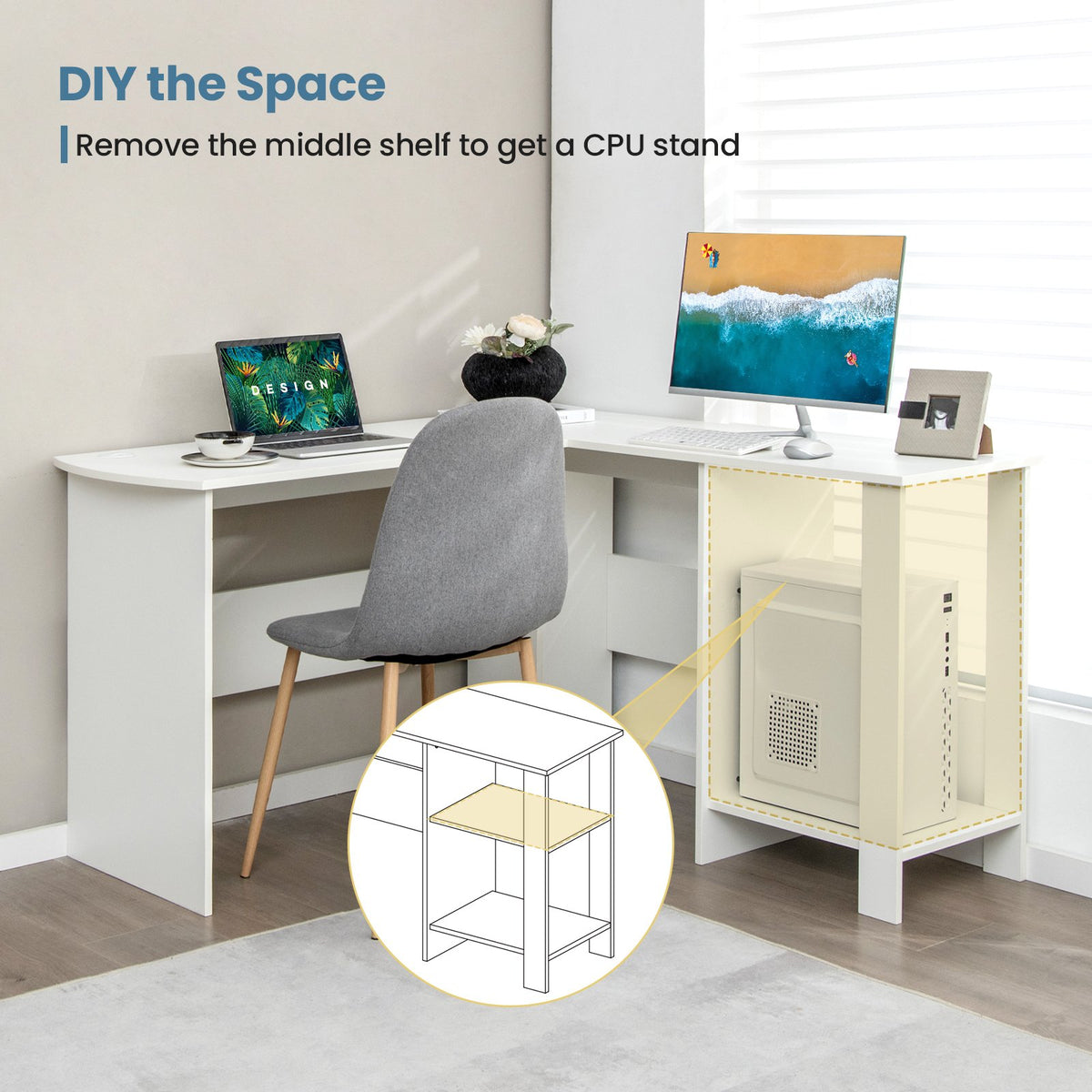 Large Modern L-shaped Computer Desk with 2 Cable Holes and 2 Storage Shelves-White view 5