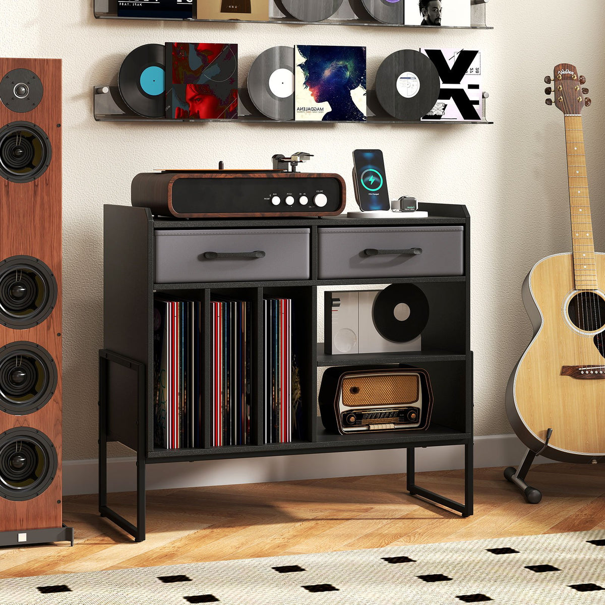 Large Record Player Stand with Charging Station Mid Century Modern Vinyl Storage Cabinet-Black view 2