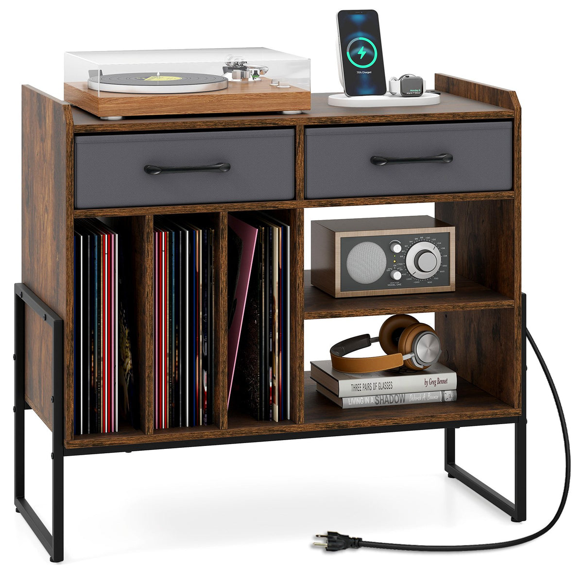 Large Record Player Stand with Charging Station Mid Century Modern Vinyl Storage Cabinet-Rustic Brown view 4