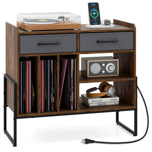Large Record Player Stand with Charging Station Mid Century Modern Vinyl Storage Cabinet-Rustic Brown view 4