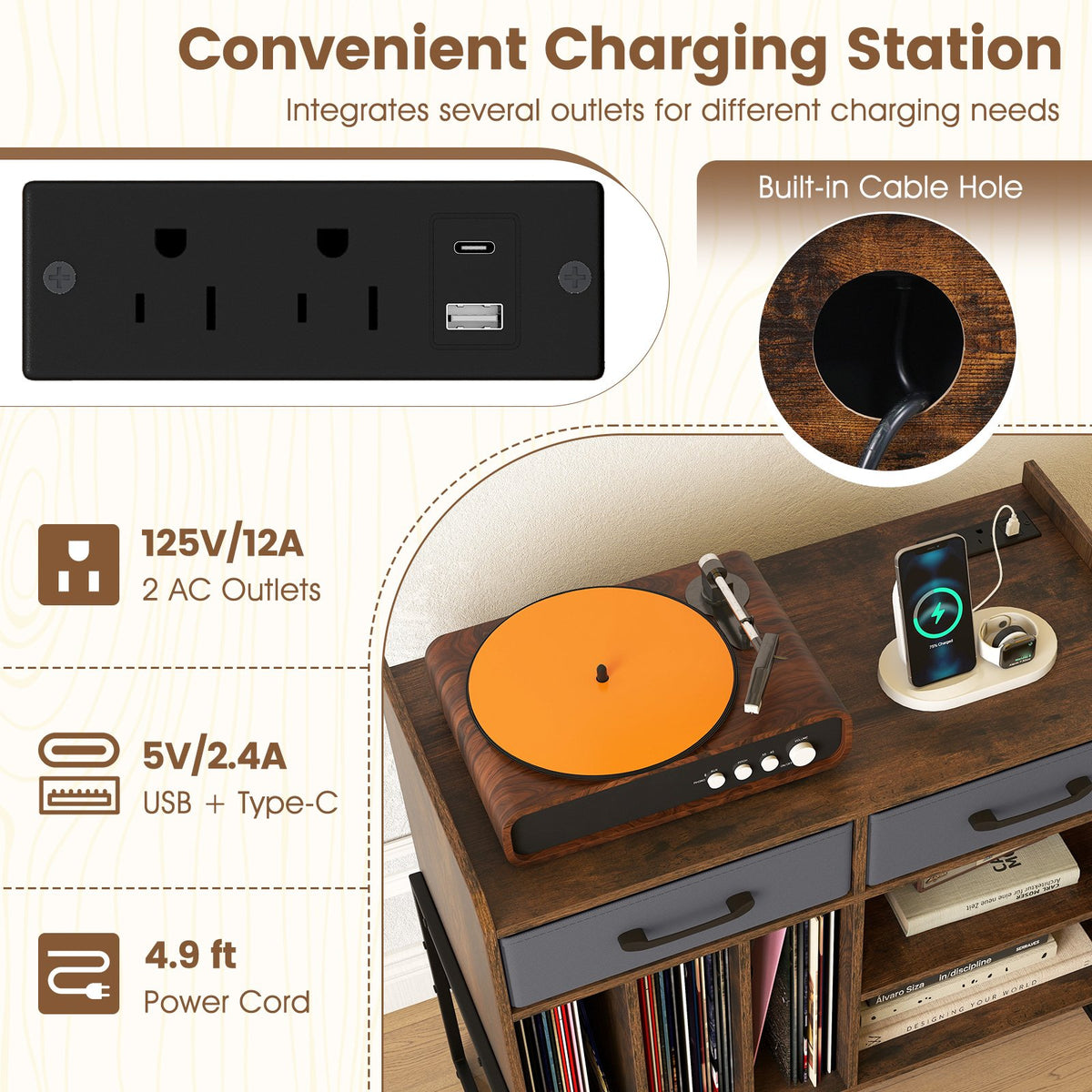 Large Record Player Stand with Charging Station Mid Century Modern Vinyl Storage Cabinet-Rustic Brown view 7