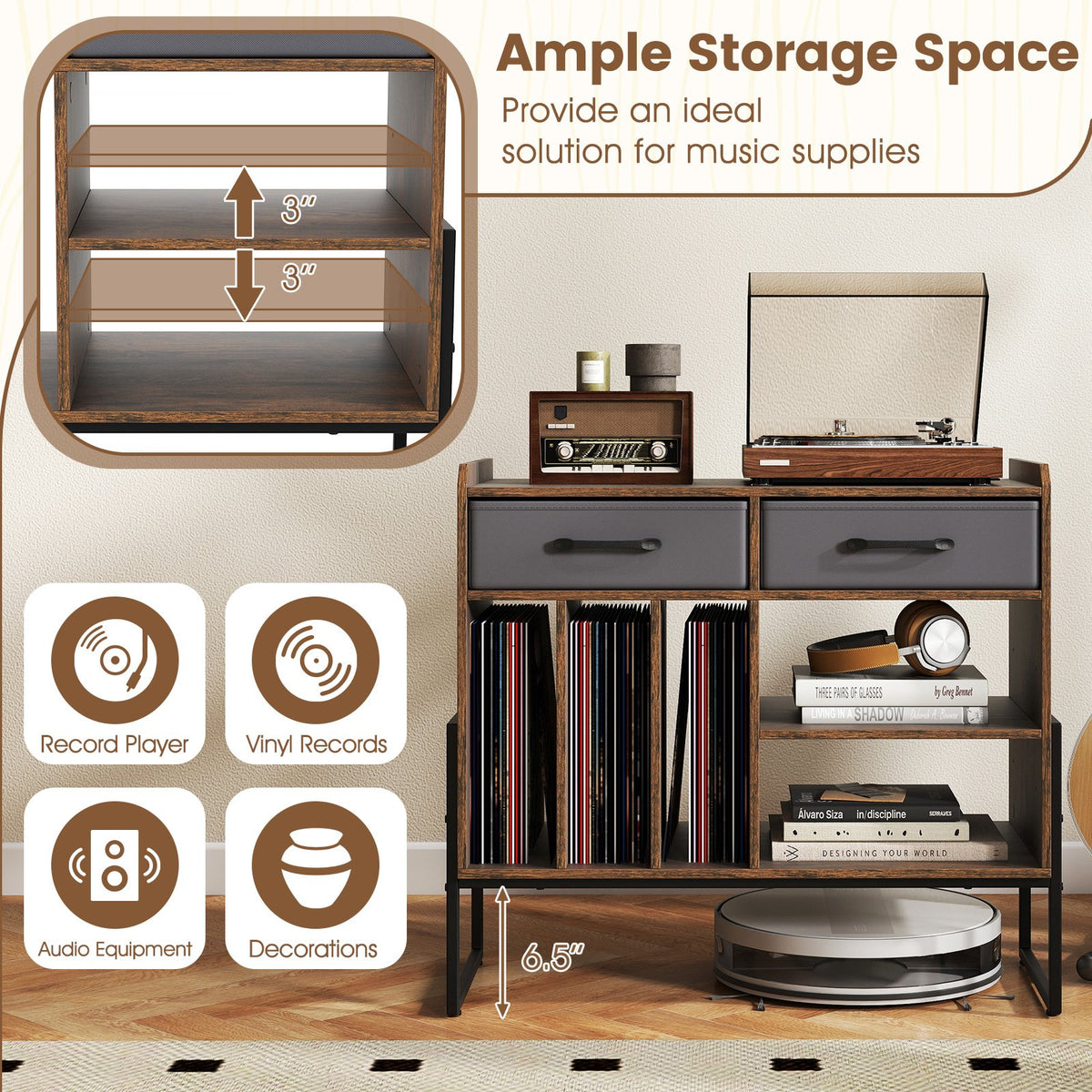 Large Record Player Stand with Charging Station Mid Century Modern Vinyl Storage Cabinet-Rustic Brown view 8