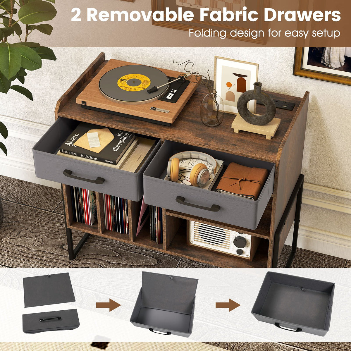 Large Record Player Stand with Charging Station Mid Century Modern Vinyl Storage Cabinet-Rustic Brown view 9