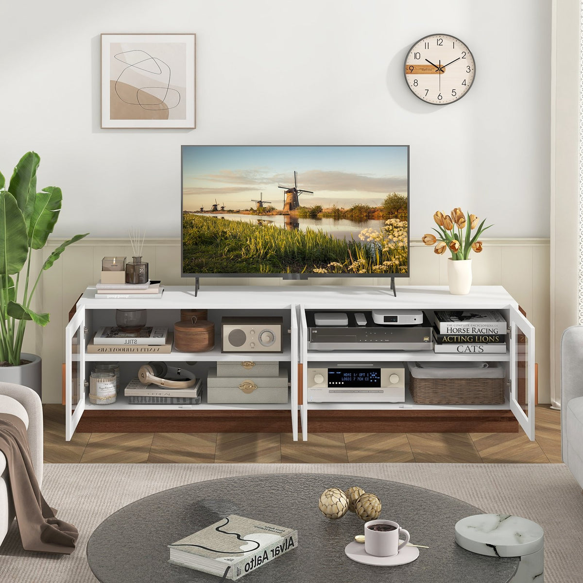 Large TV Stand for TVs up to 75 Inch with 4 Tempered Glass Doors for Living Room-White view 3