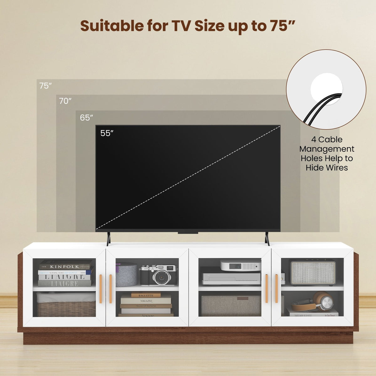 Large TV Stand for TVs up to 75 Inch with 4 Tempered Glass Doors for Living Room-White view 7
