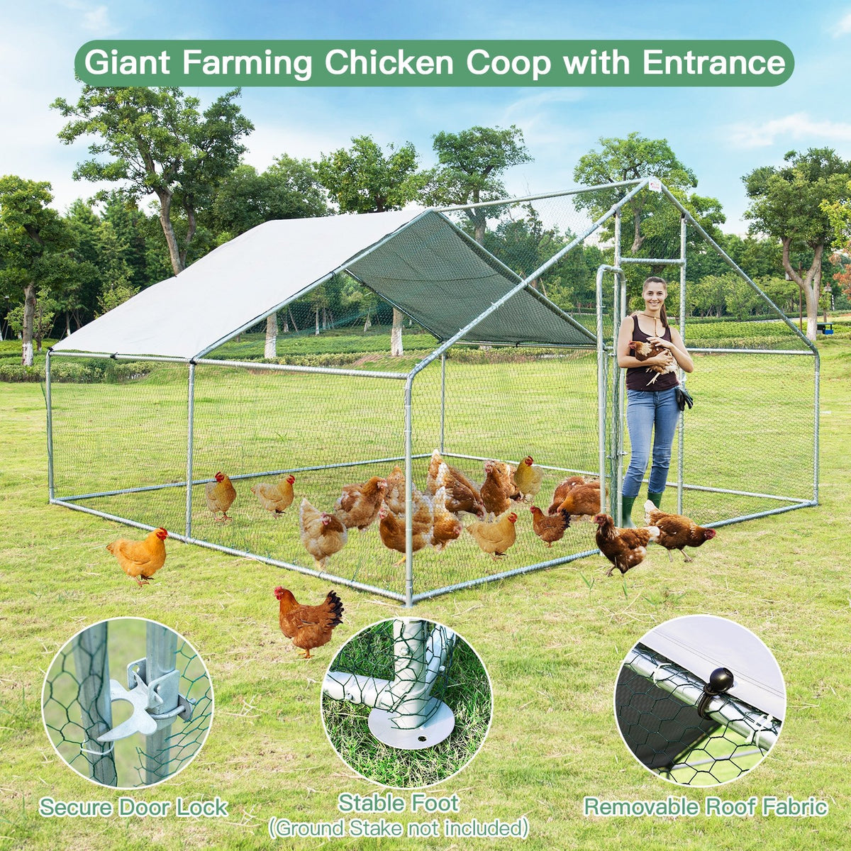 13 x 13 Feet Walk-in Chicken Coop with Waterproof Cover for Outdoor Backyard Farm view 7
