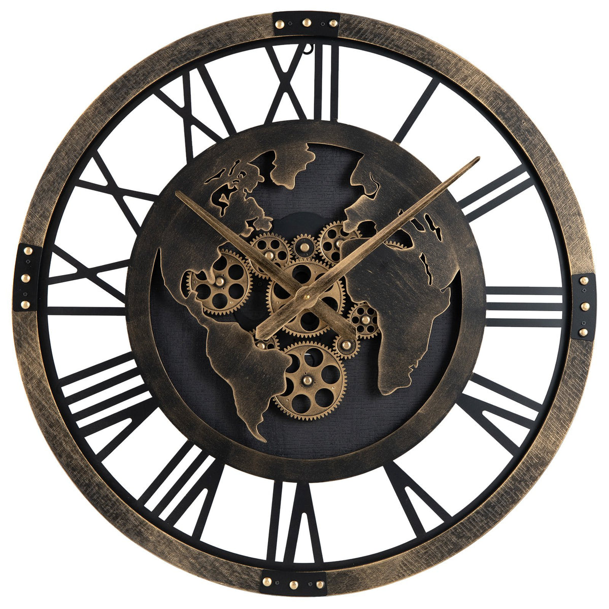 Large Wall Clock 27 inches Gear Clock with World Map-Brown