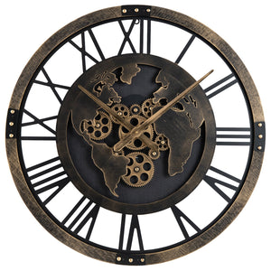 Large Wall Clock 27 inches Gear Clock with World Map-Brown