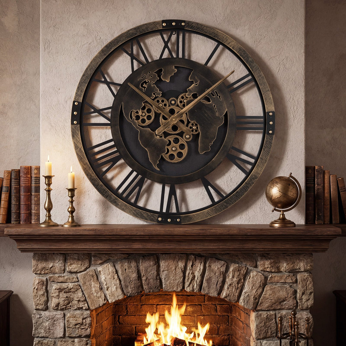 Large Wall Clock 27 inches Gear Clock with World Map-Brown view 2