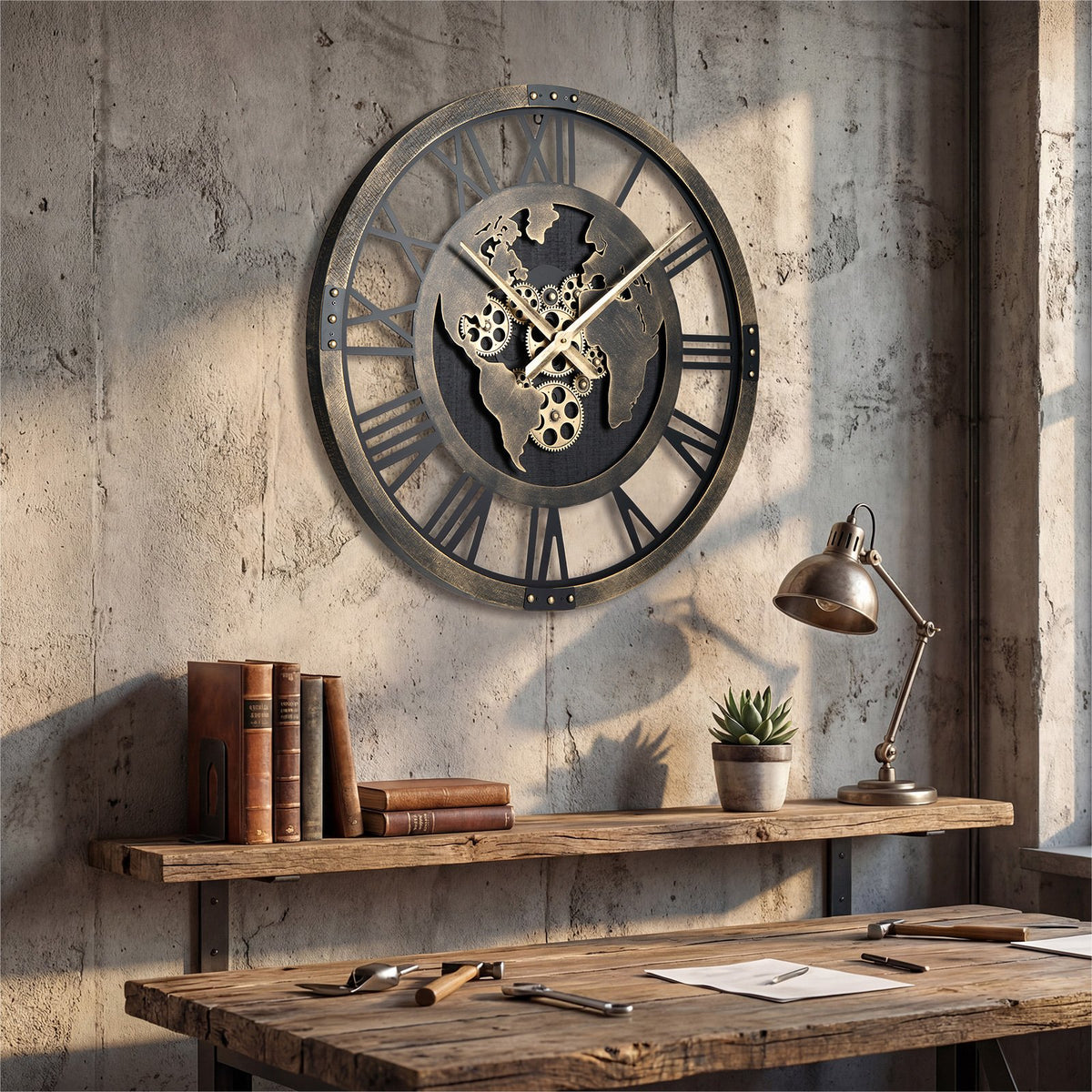 Large Wall Clock 27 inches Gear Clock with World Map-Brown view 3