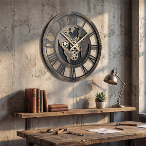 Large Wall Clock 27 inches Gear Clock with World Map-Brown view 3