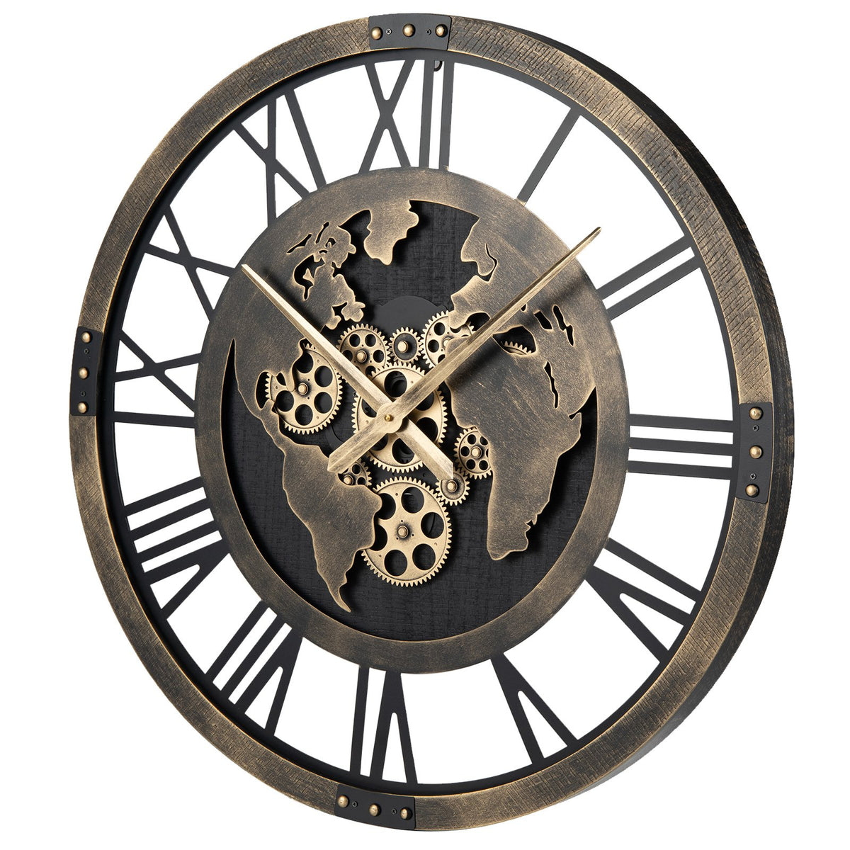 Large Wall Clock 27 inches Gear Clock with World Map-Brown view 4