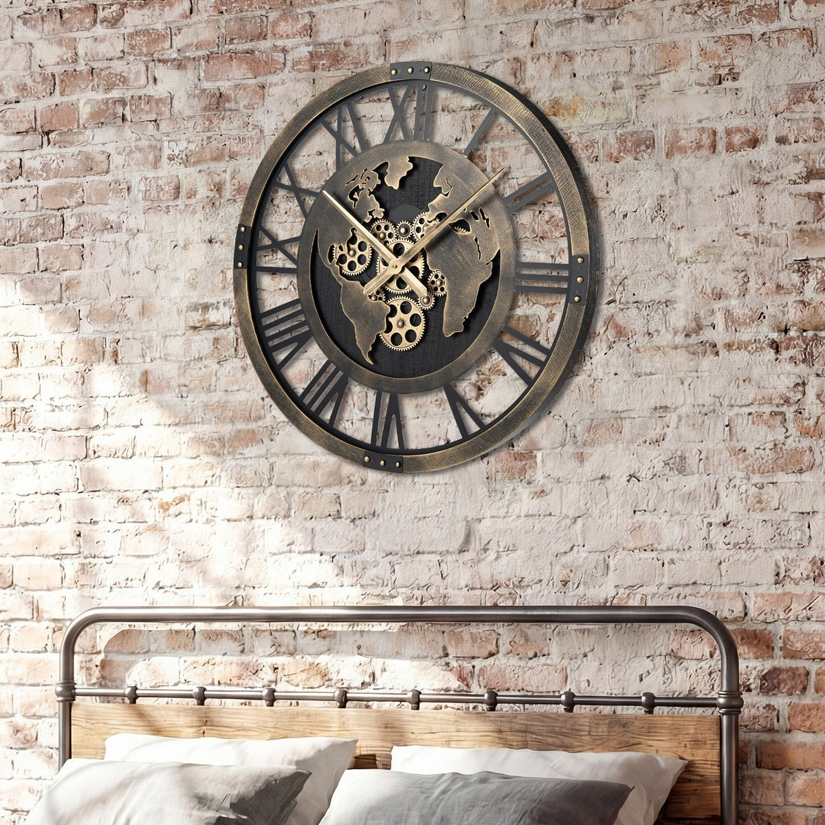Large Wall Clock 27 inches Gear Clock with World Map-Brown view 6