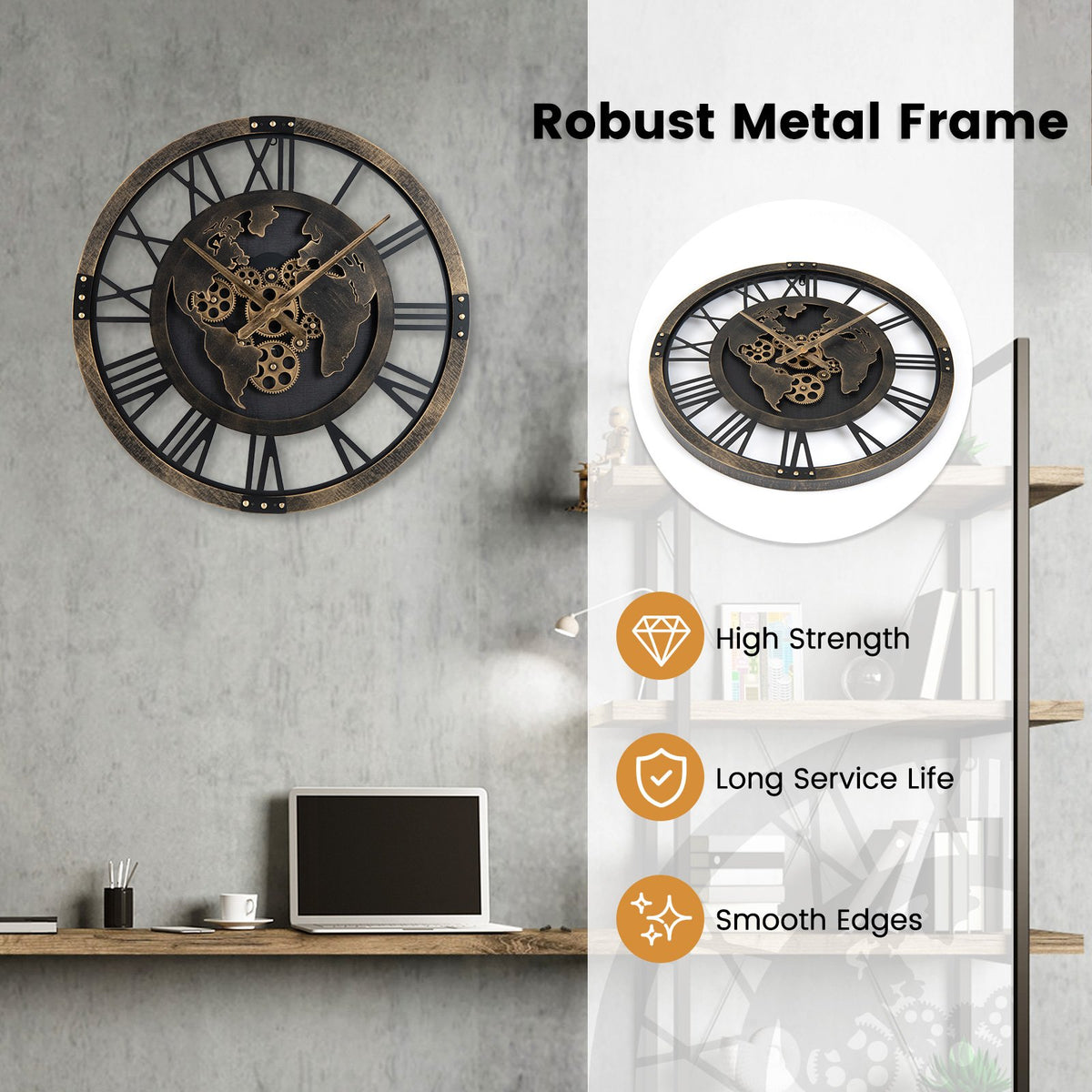 Large Wall Clock 27 inches Gear Clock with World Map-Brown view 7