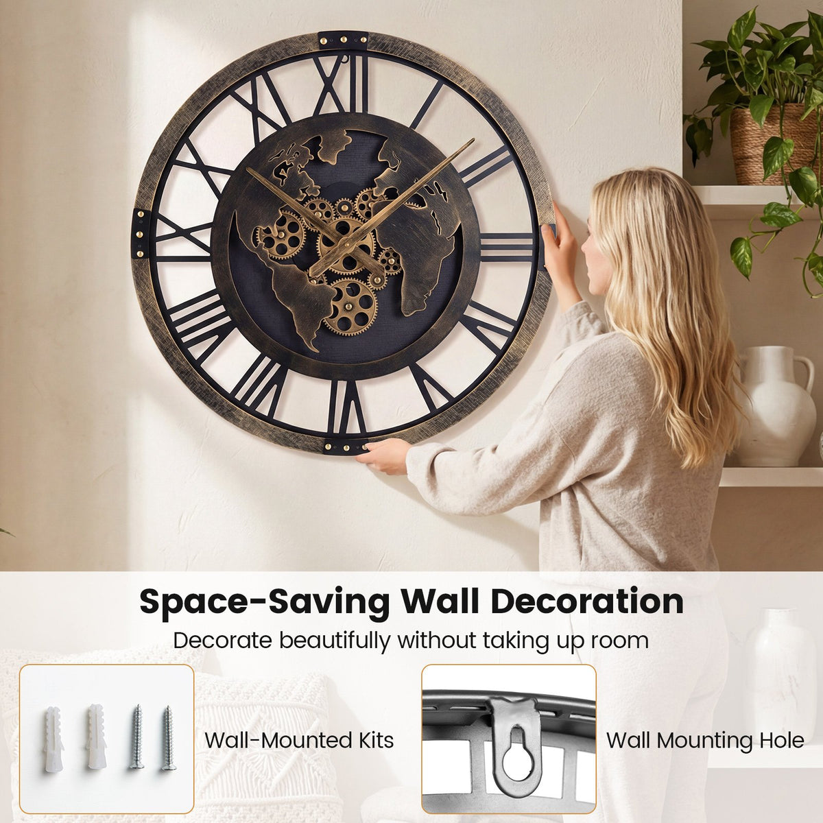 Large Wall Clock 27 inches Gear Clock with World Map-Brown view 8