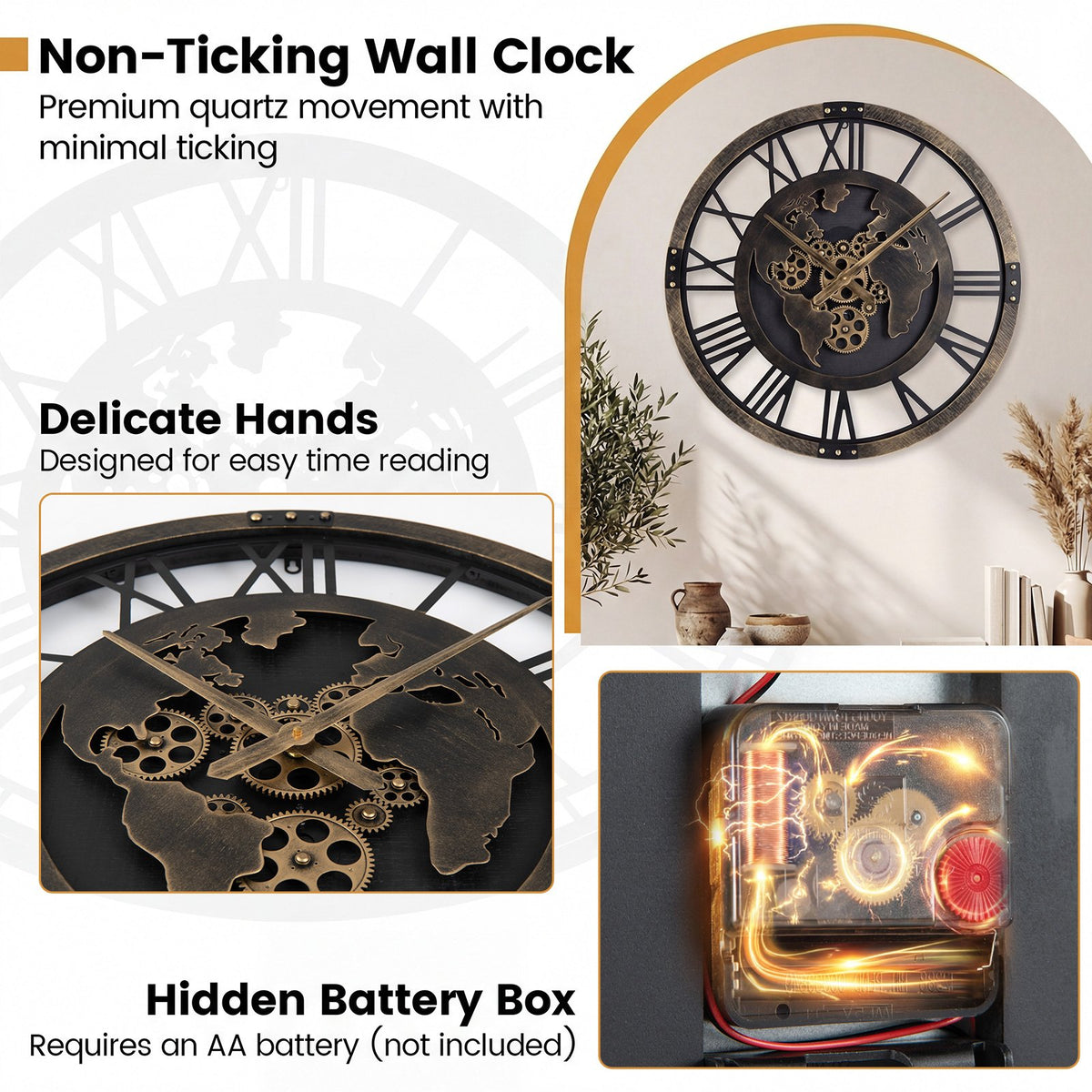 Large Wall Clock 27 inches Gear Clock with World Map-Brown view 9