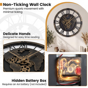 Large Wall Clock 27 inches Gear Clock with World Map-Brown view 9