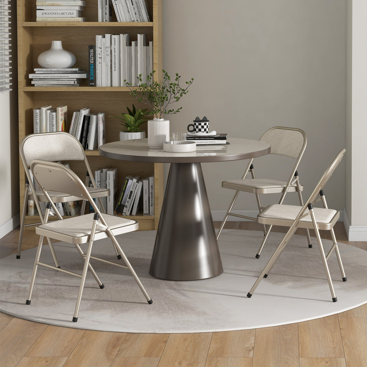 Set of 4 Metal Foldable Chairs, Linen Fabric Padded Folding Chairs with Cushion Seat and Open Back for Indoor, Beige