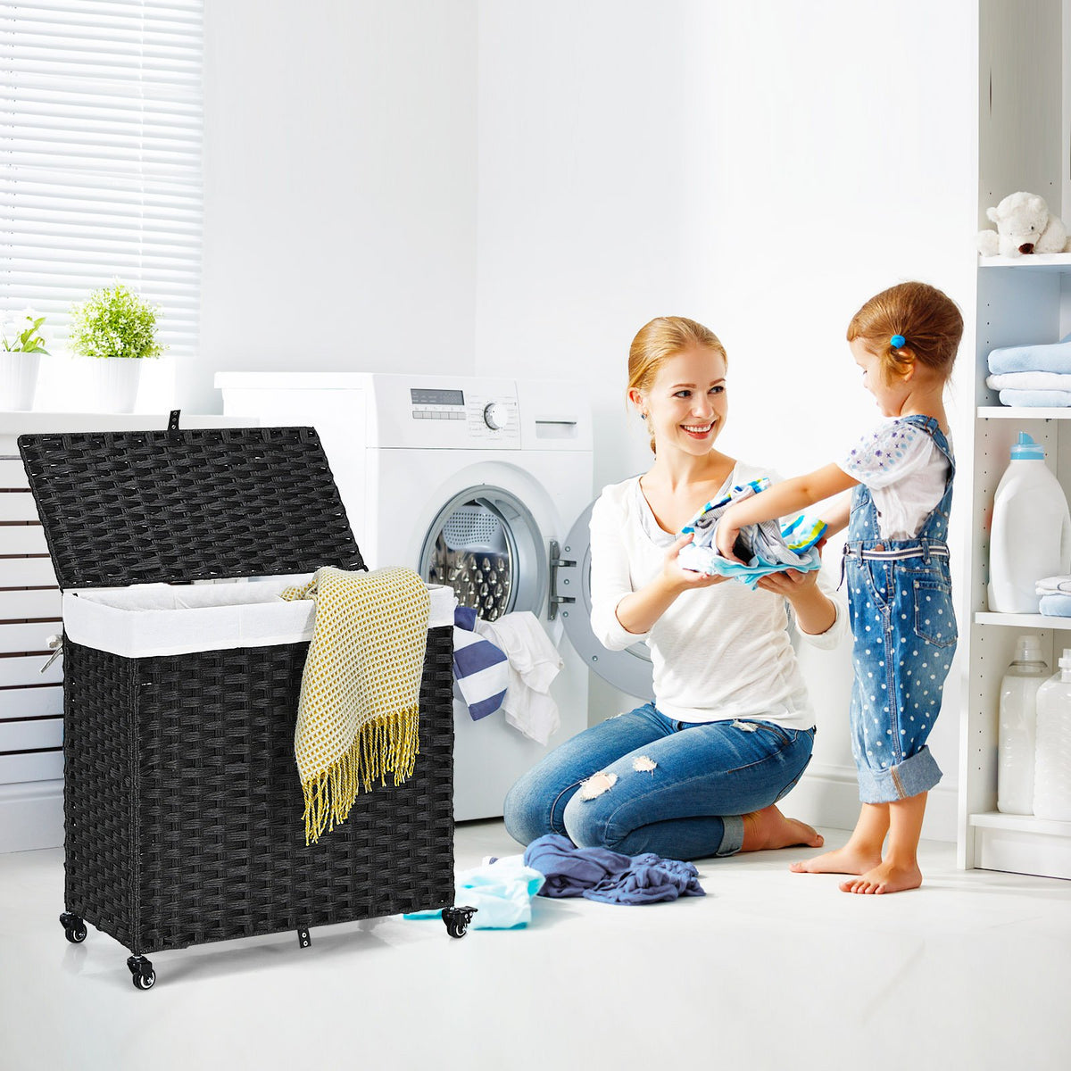 Laundry Hamper with Wheels and Lid-Black view 3