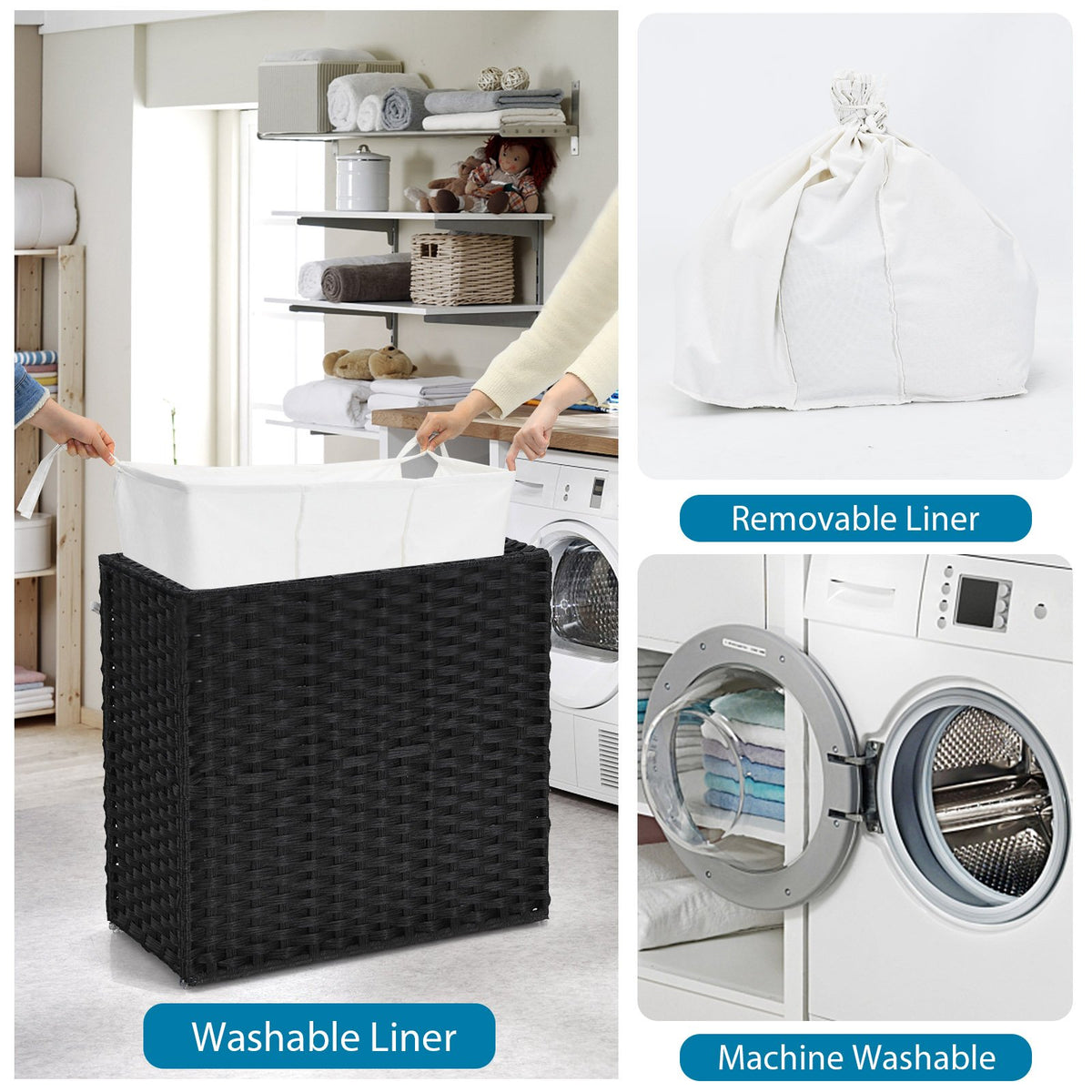 Laundry Hamper with Wheels and Lid-Black view 6