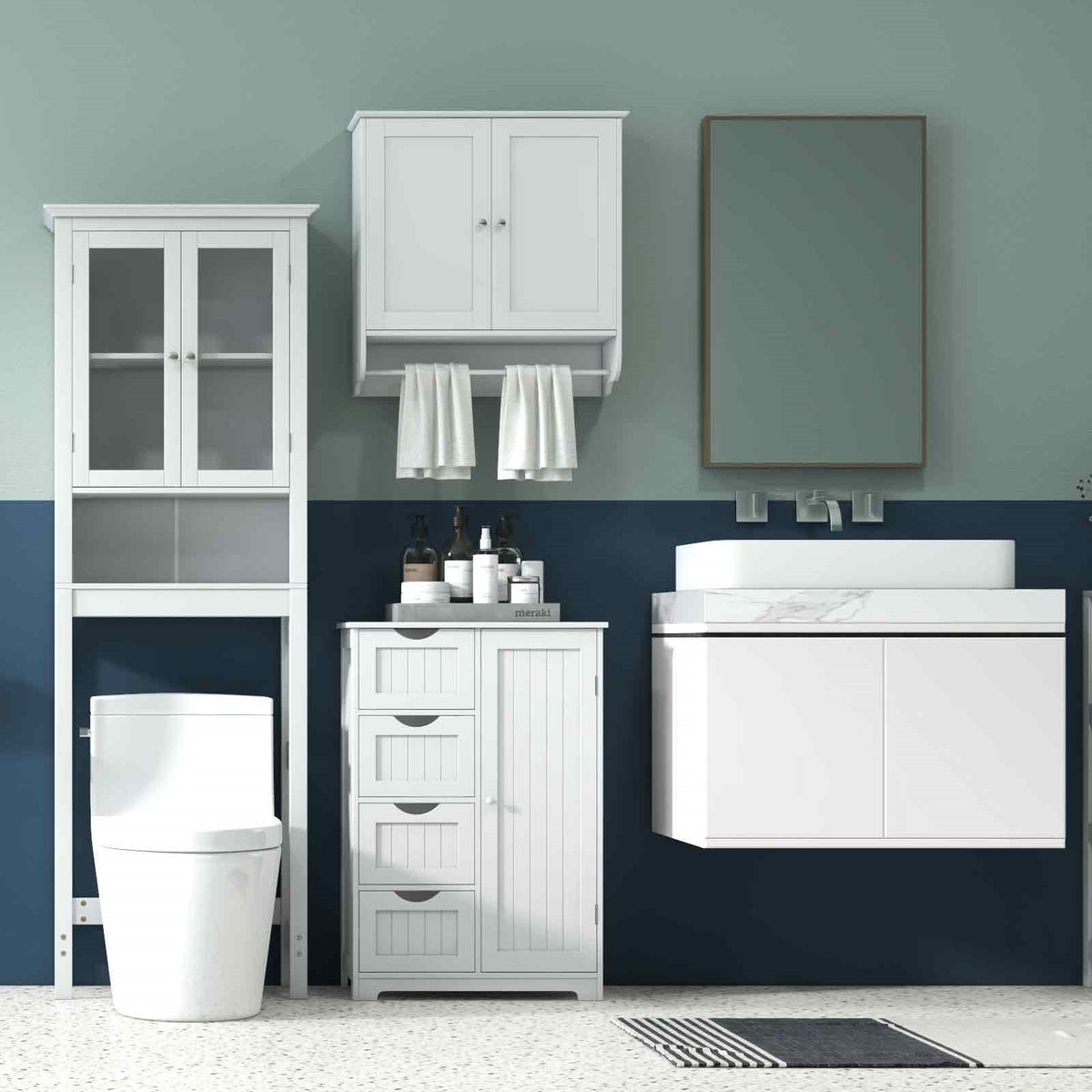 Laundry Room Bundle: Wooden Cabinet Wall-Mounted Bathroom Storage, Clothe Dryer, Laundry Basket