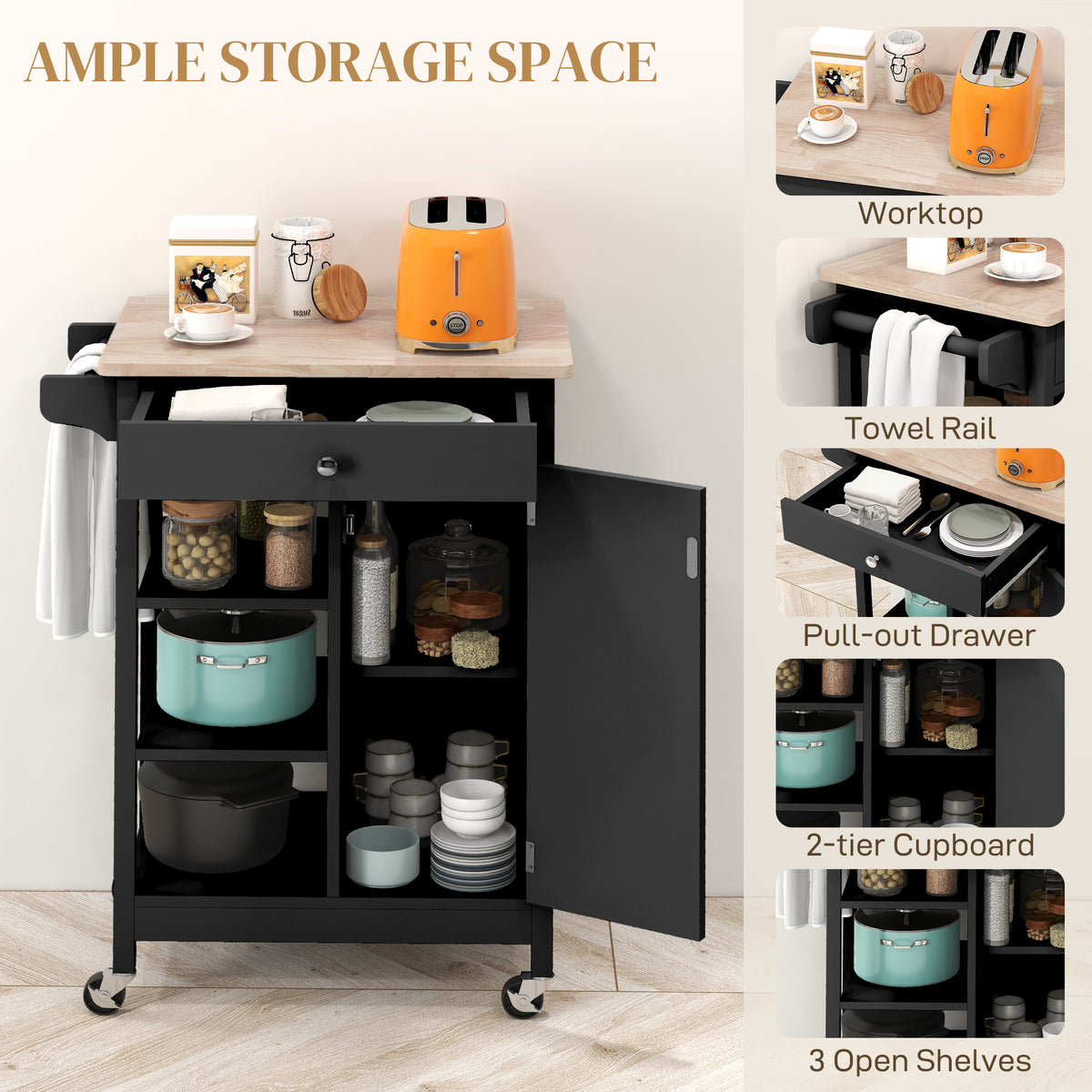 Modern Rolling Kitchen Island Cart with Drawer, Natural Wood Top, Towel Rack, Door Storage Cabinet, Black