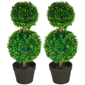 Artificial Boxwood Topiary Tree Set of 2, Faux Boxwood Ball Trees in Pot, Fake Plant for Indoor Outdoor Decor, Green