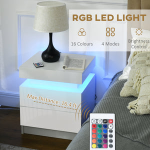 Nightstand, Bedside Table with LED Lights and 2 Drawers for Bedroom, Living Room, White