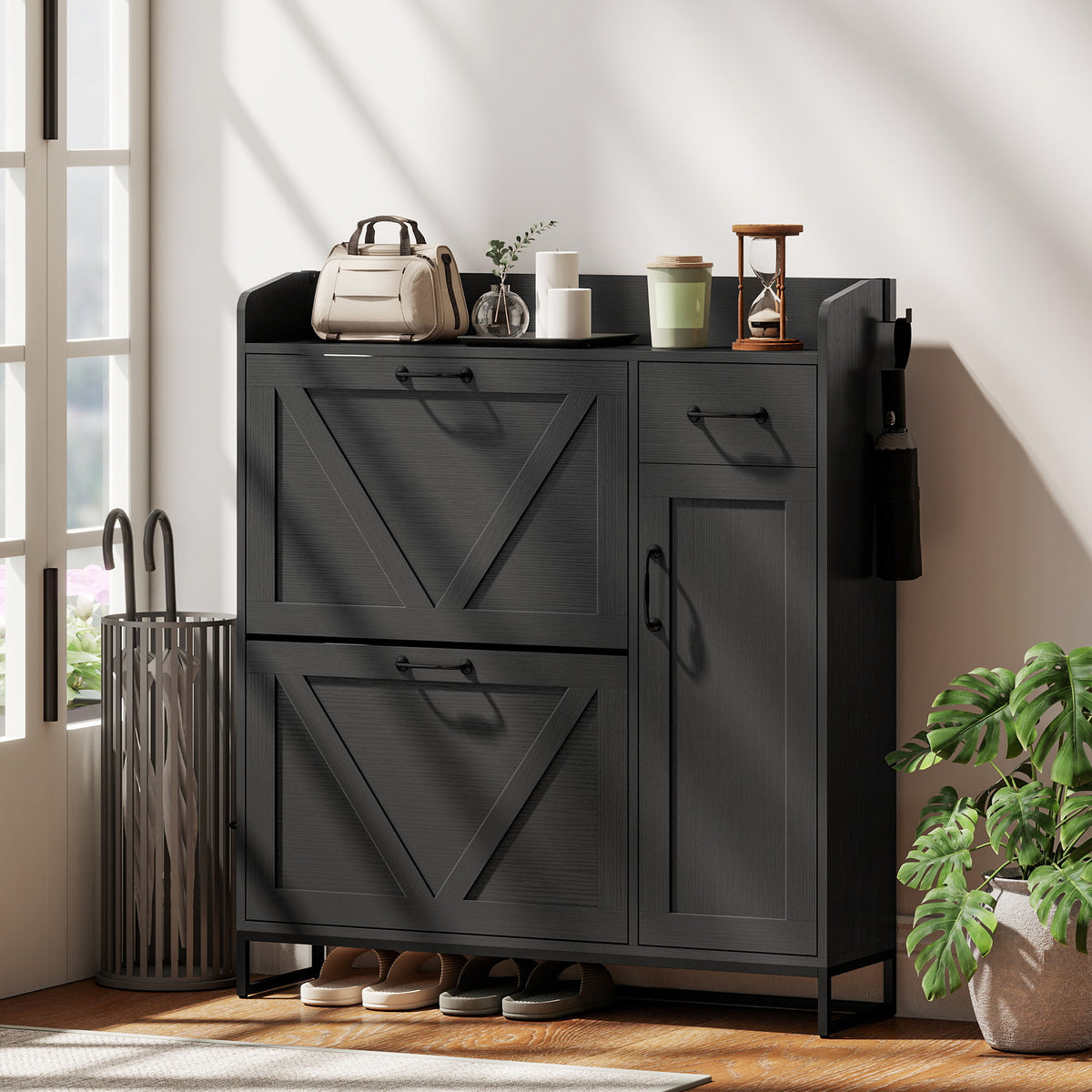 Farmhouse Shoe Storage Cabinet with Side Cabinet and Adjustable Shelves for Entryway, Hallway, Holds 12 Pairs, Black