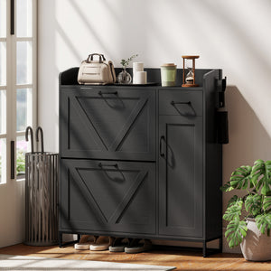 Farmhouse Shoe Storage Cabinet with Side Cabinet and Adjustable Shelves for Entryway, Hallway, Holds 12 Pairs, Black