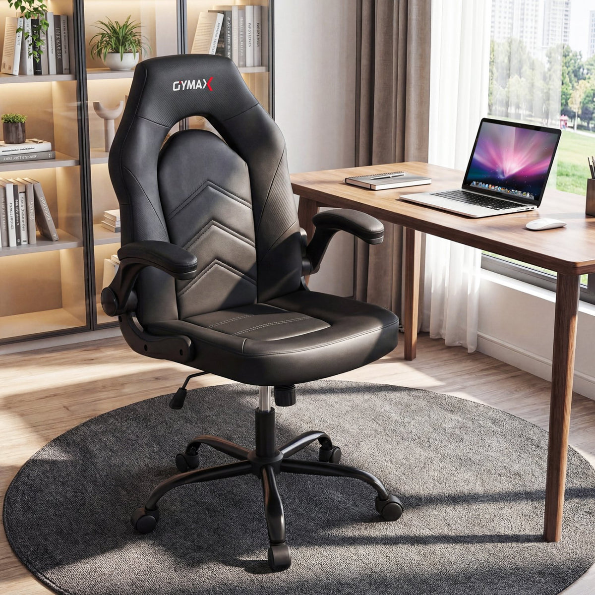 Leather Office Chair Ergonomic Computer Desk Chair with Flip-up Armrests-Black view 2