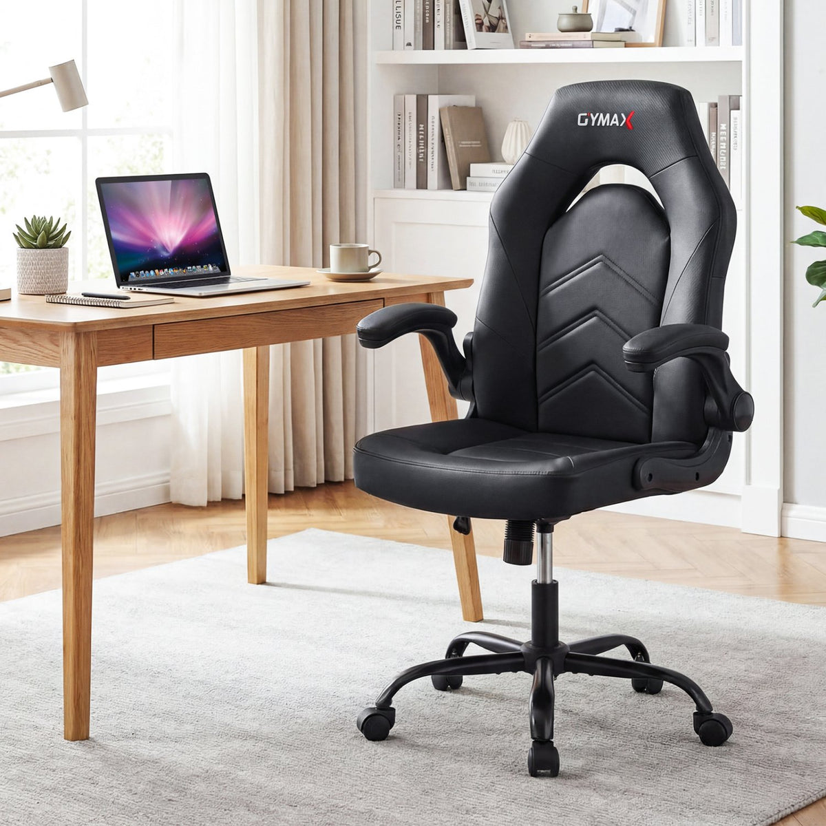 Leather Office Chair Ergonomic Computer Desk Chair with Flip-up Armrests-Black view 3