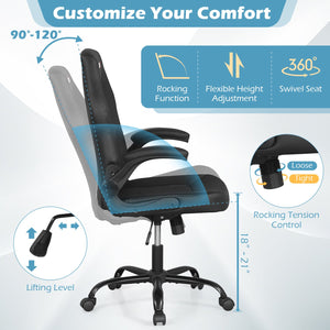 Leather Office Chair Ergonomic Computer Desk Chair with Flip-up Armrests-Black view 5