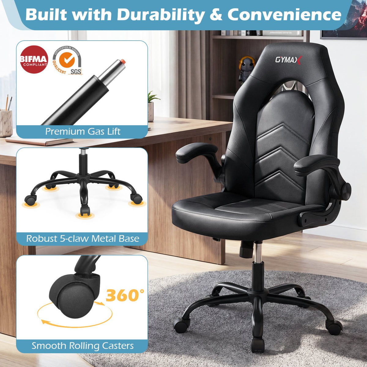 Leather Office Chair Ergonomic Computer Desk Chair with Flip-up Armrests-Black view 6