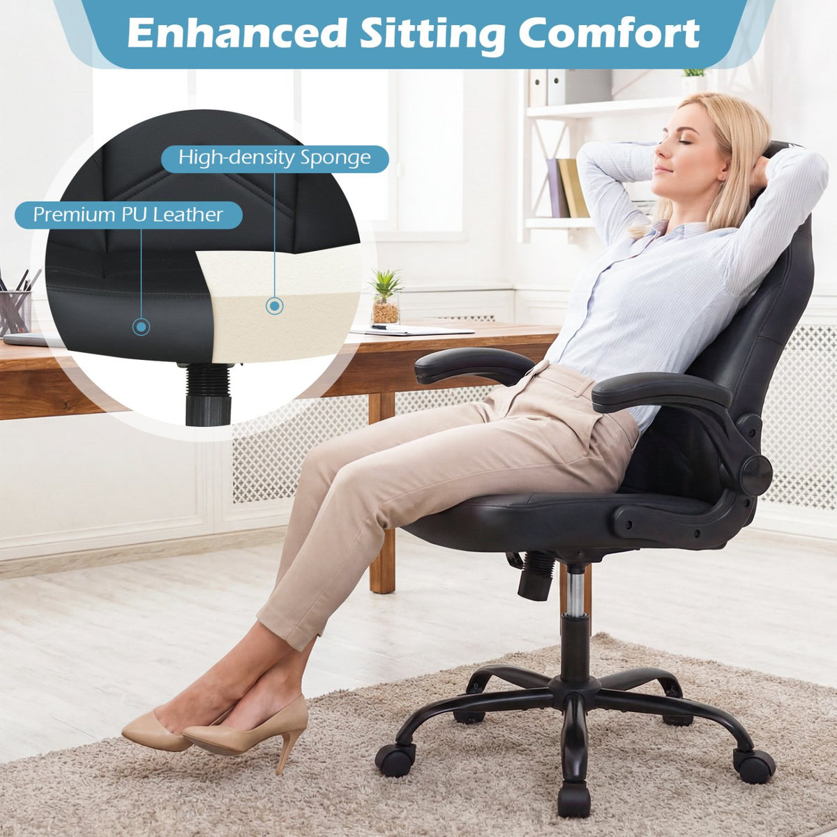 Leather Office Chair Ergonomic Computer Desk Chair with Flip-up Armrests-Black view 9
