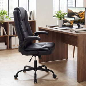Leather Office Chair Ergonomic Computer Desk Chair with Flip-up Armrests Rocking Function-Black view 2