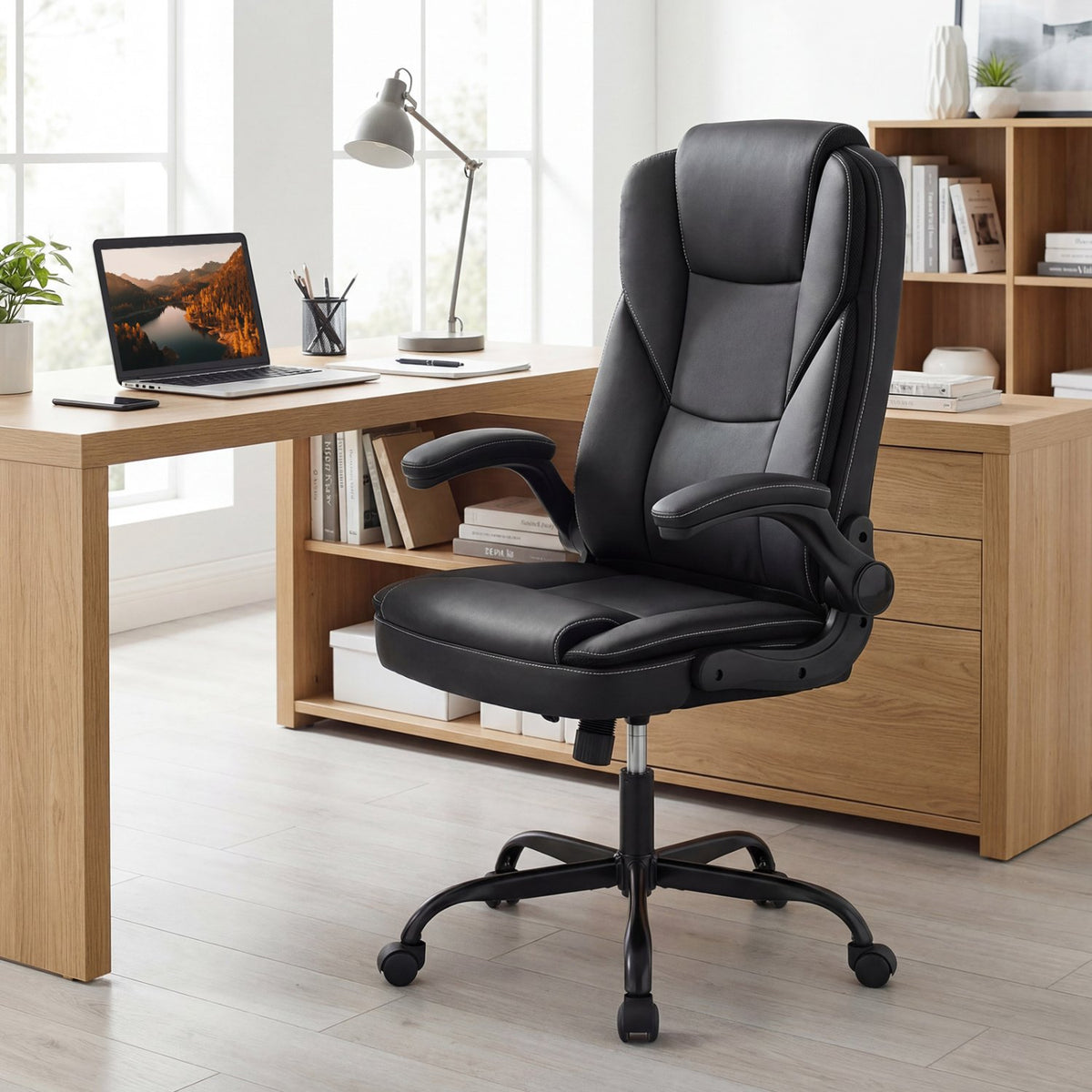 Leather Office Chair Ergonomic Computer Desk Chair with Flip-up Armrests Rocking Function-Black view 3