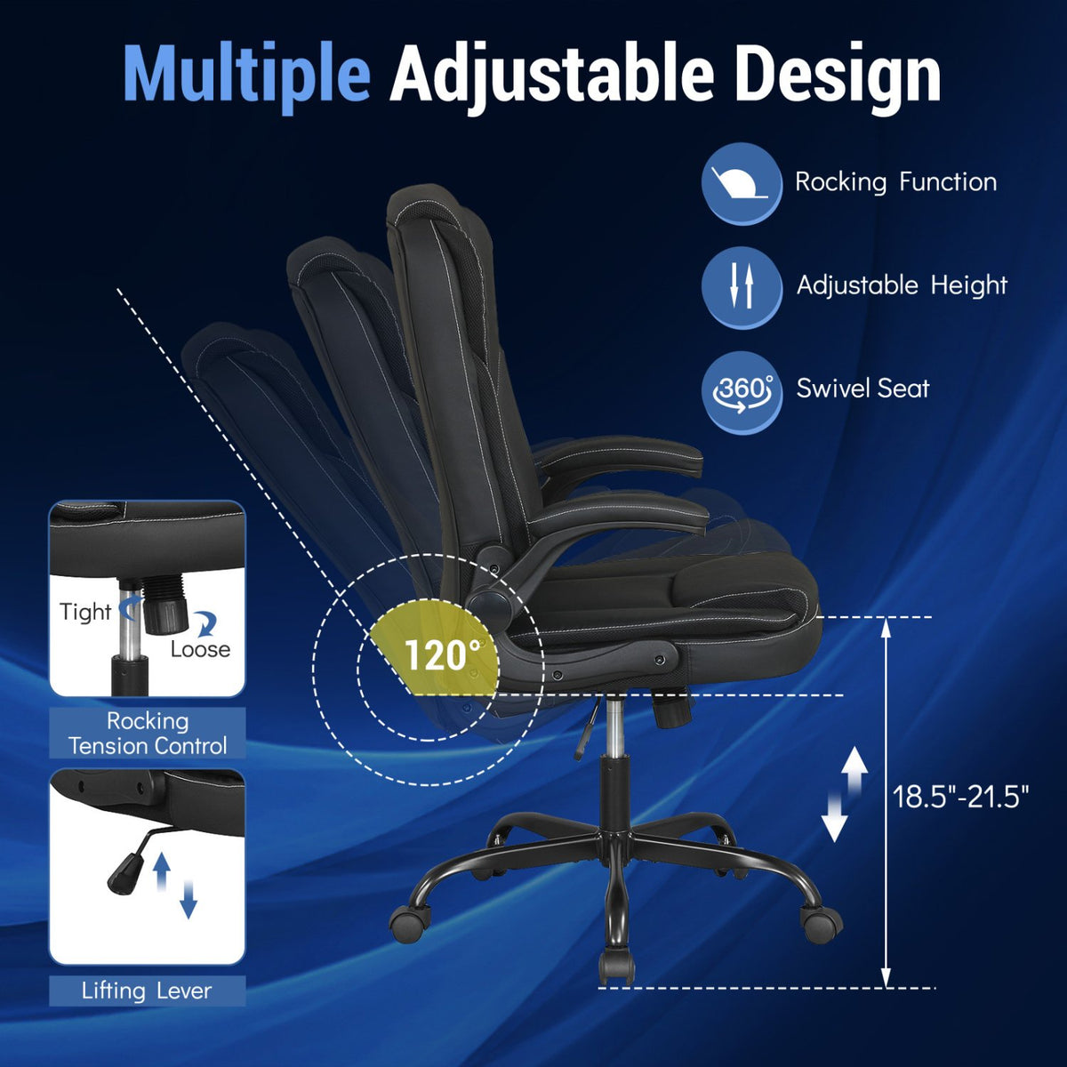Leather Office Chair Ergonomic Computer Desk Chair with Flip-up Armrests Rocking Function-Black view 6